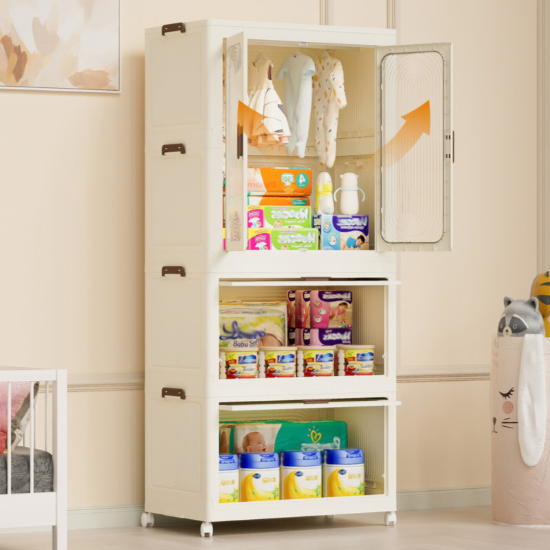 George Oliver Portable Wardrobe Closet Storage Organizer For Clothes Clothes Dresser Magnetic Doors With 4 Cubes Hanging Rod 10 Pcs Hangers Baby Wardrobe Storage Cabinet White Wayfair
